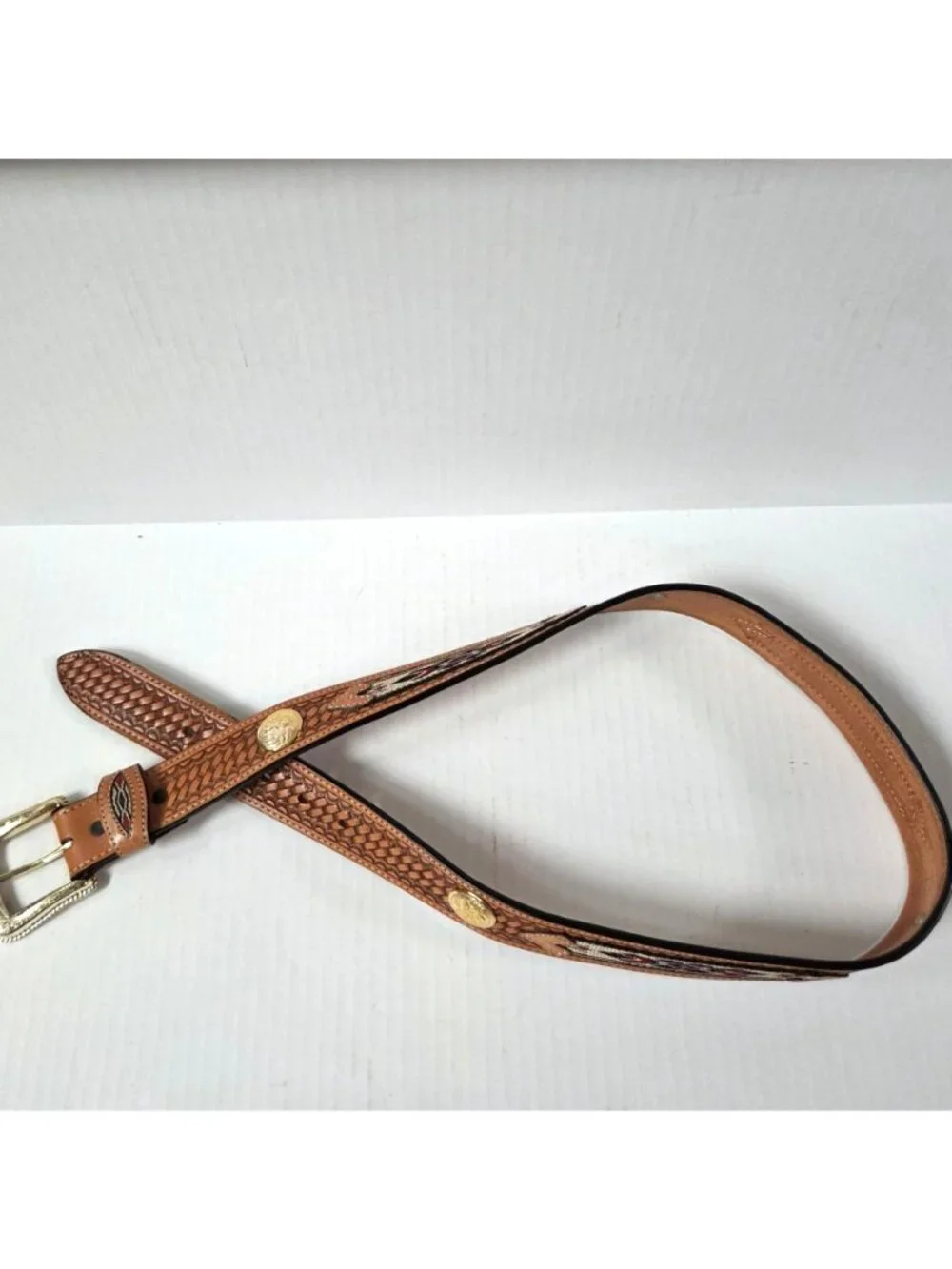 Nocona Belt Mens 38 Brown Tooled Leather Embroidered Inlay Western Cowboy Rodeo